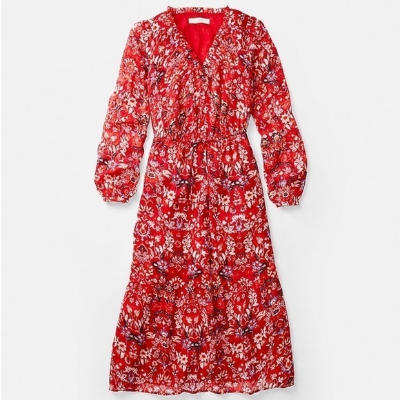 LOFT Red Floral Clip V-Neck Midi Dress - Picture 4 of 10